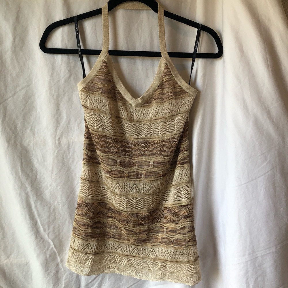 Bebe V-neck Gold, Beige, and Brown Halter Top